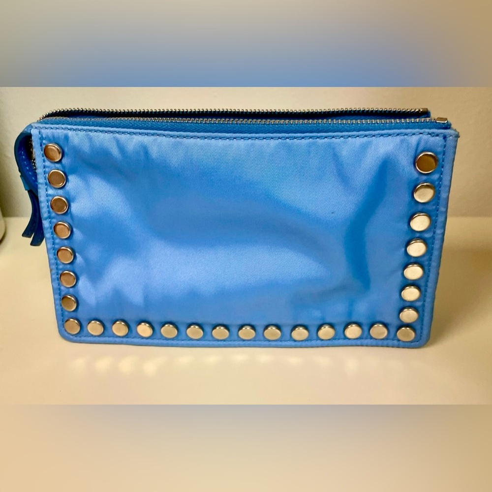 Prada - Tessuto Etiquette Nylon Accessories Pouch | Blue - Silver Studded - Picture 3 of 16